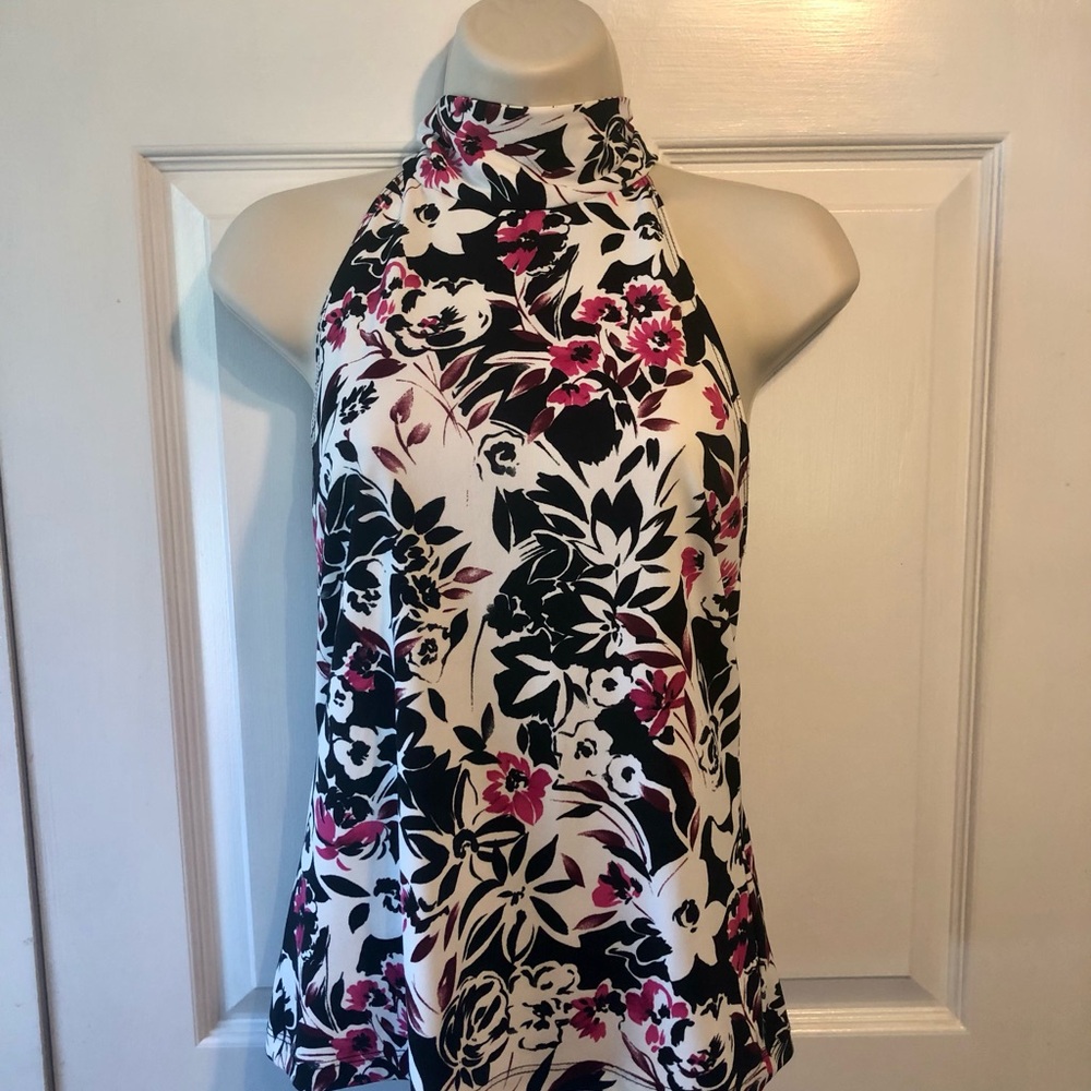 le chateau Halter Top in White, Black, and Fuchsia Floral Print